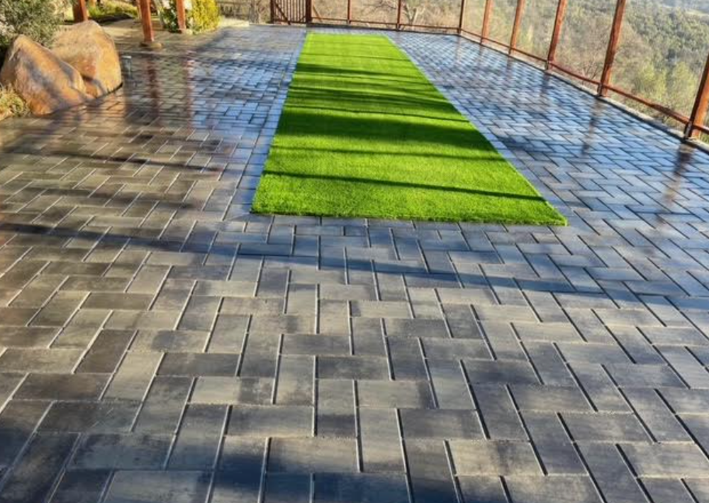 A brick walkway with a green carpet in the middle.