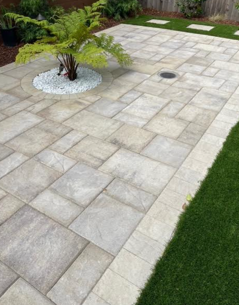A patio with a fern in the middle of it.