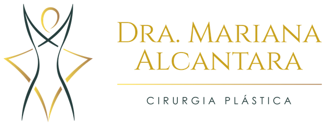 Logo for Dra. Mariana Alcantara Cirurgia Plástica in gold and gray with abstract human figure