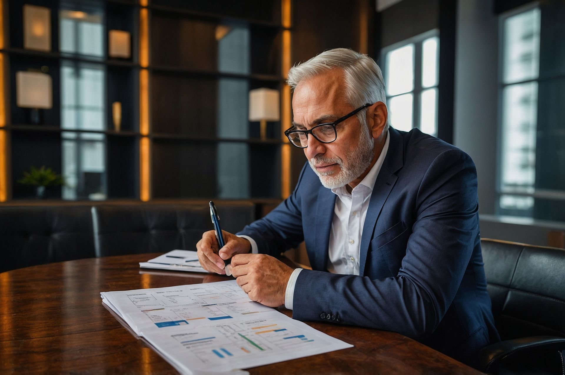 A man in a suit and glasses is sitting at a table writing on a piece of paper.