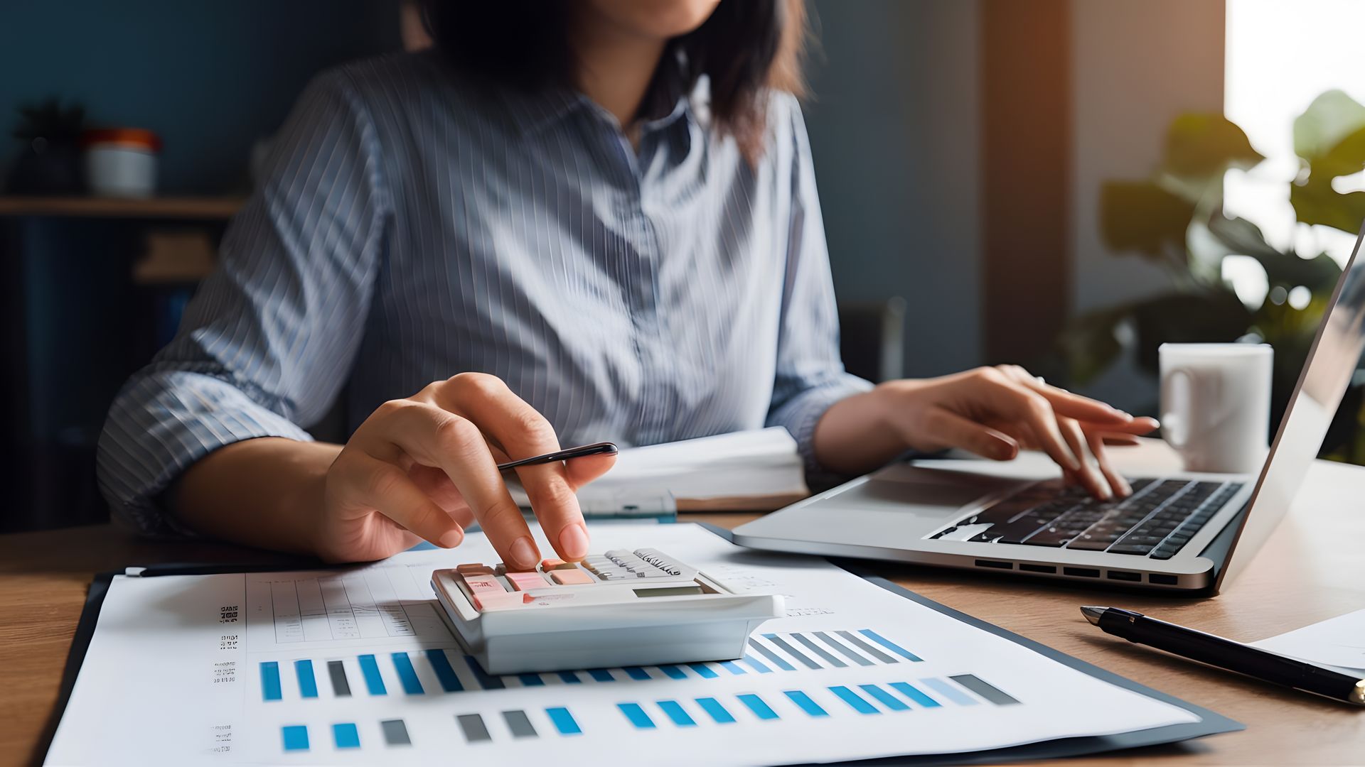 A woman is sitting at a desk using a laptop and a calculator.