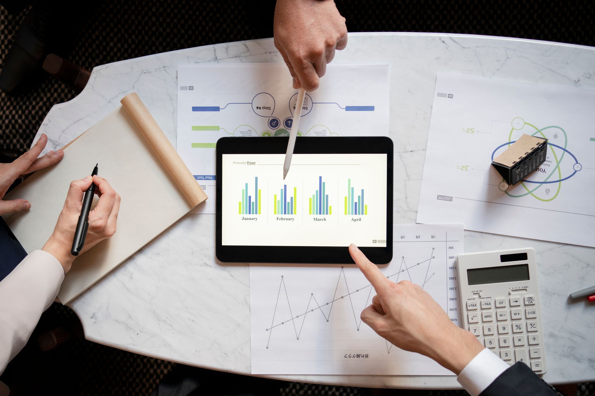 Overhead view of three people analyzing charts on a tablet, with a notepad, calculator, and other documents on a round table.