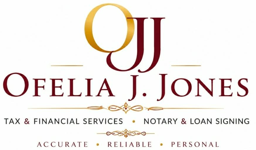 Ofelia J. Jones tax and financial services logo in gold and maroon with tagline &ldquo;Accurate. Reliable. Personal.&rdquo;