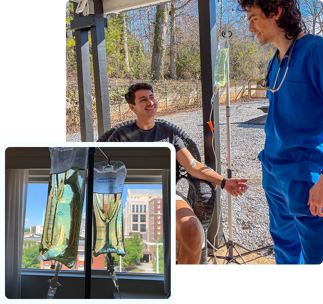 A person receiving an IV drip from a medical professional, indoors and outdoors.