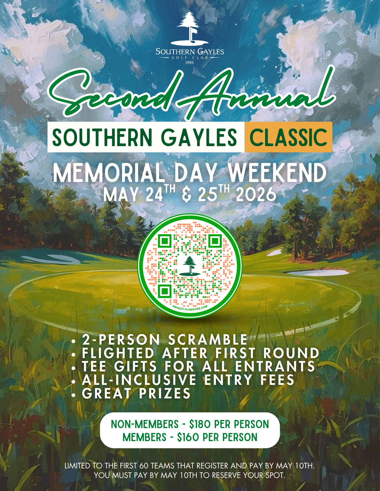Event flyer for the 2nd Annual Southern Gayles Classic golf tournament on Memorial Day weekend 2026