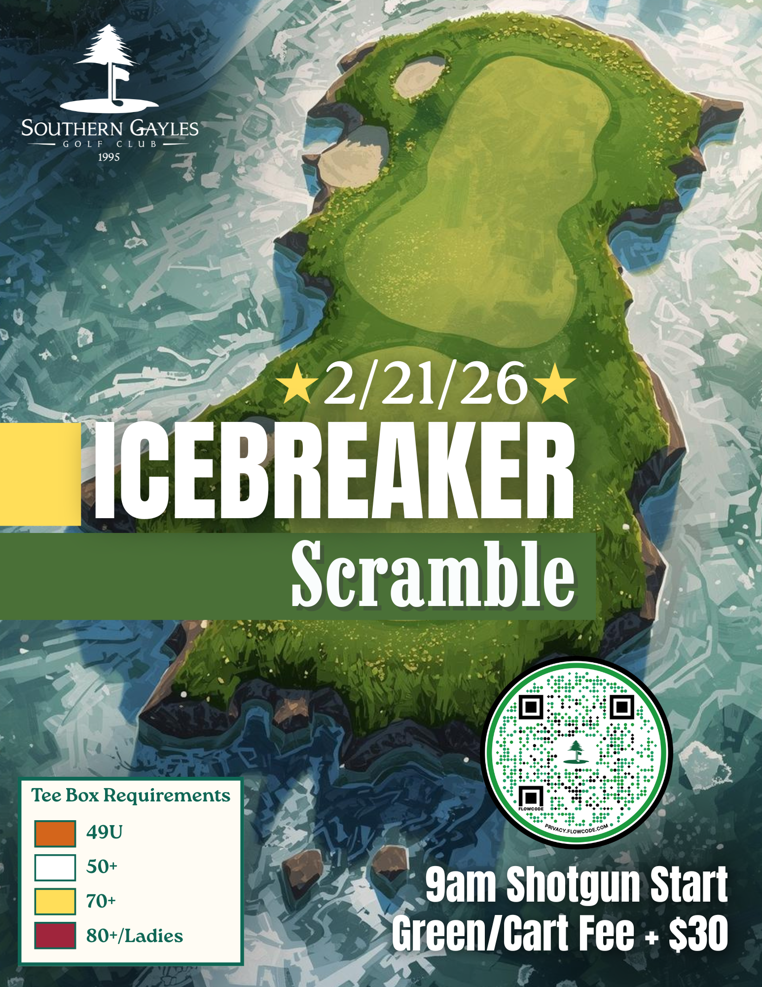 Golf tournament poster features island golf course illustration, start time, and pricing information.