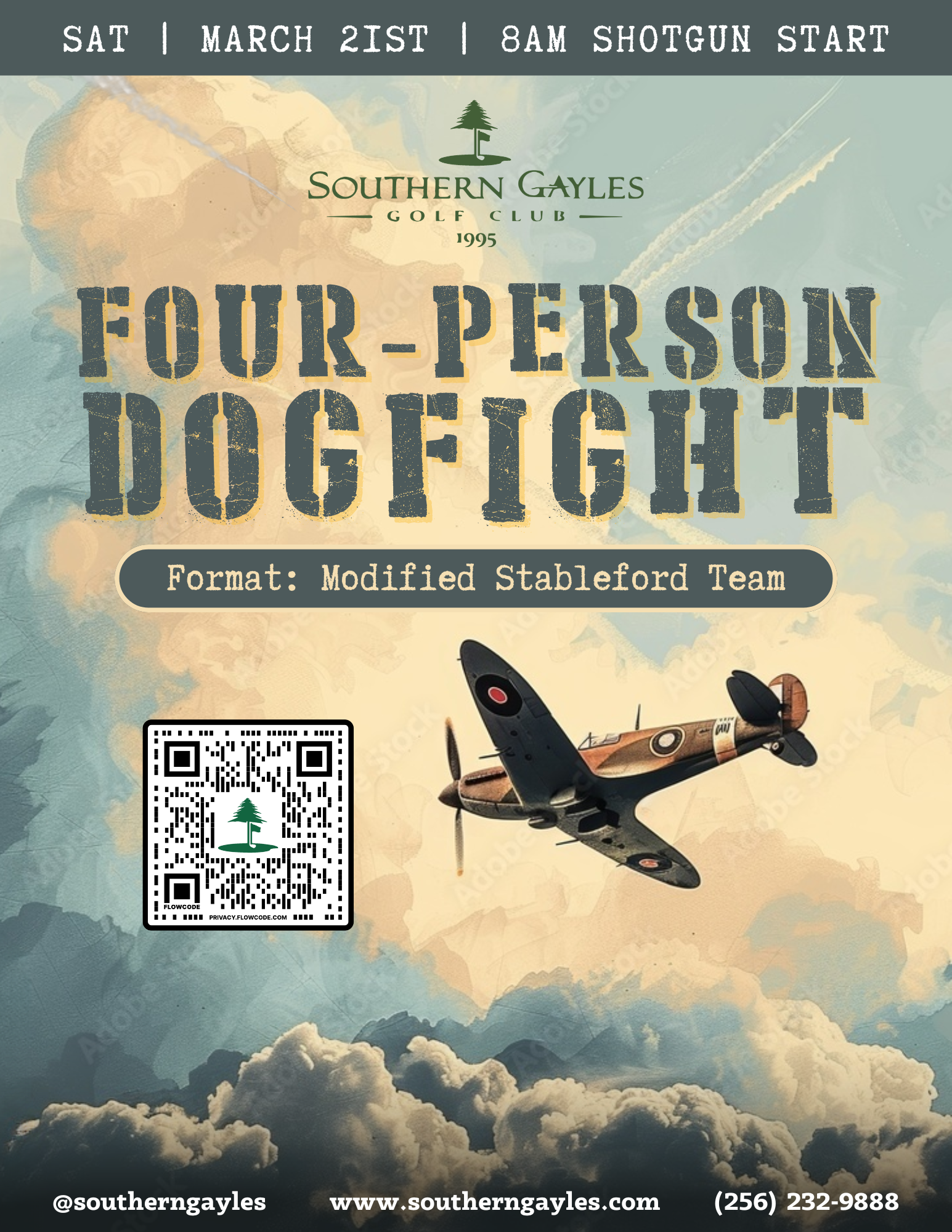 Four-Person Dogfight at Southern Gayles Golf Club. Includes a fighter plane image and event details.