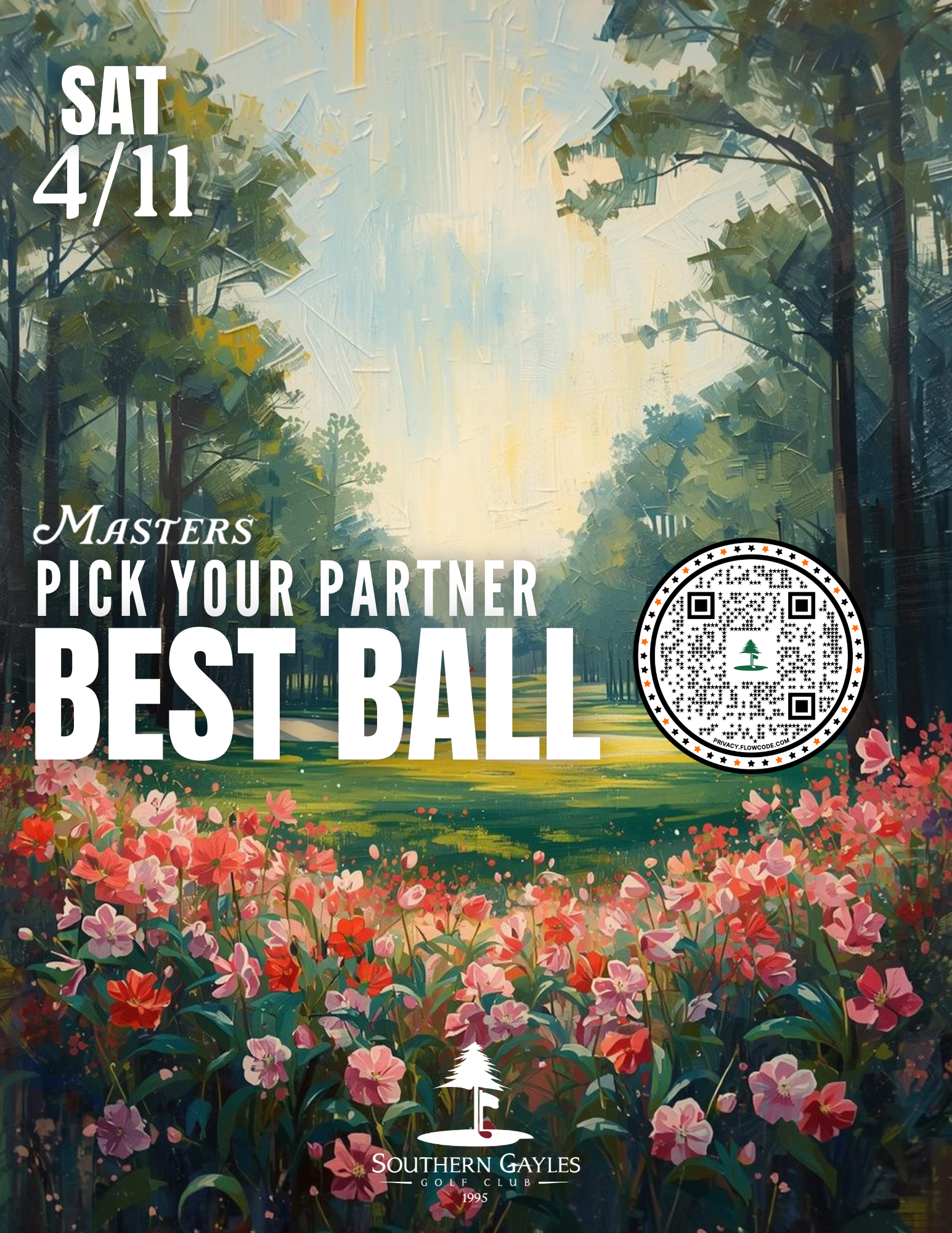 Golf flyer for a pick your Master + best ball tournament at Southern Gayles