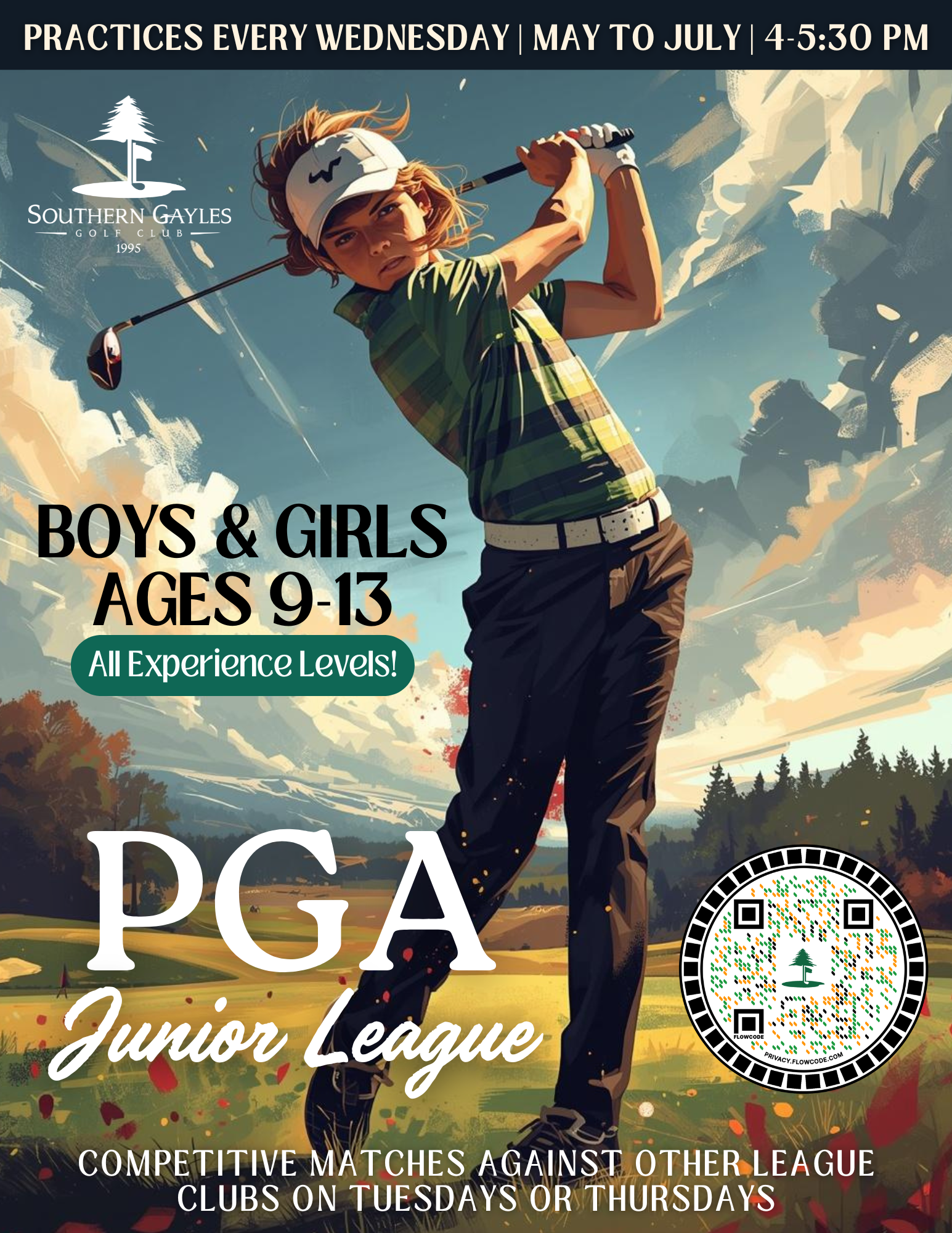 Flyer for PGA Junior League for ages 9-13, with a golfer, practice times, and registration info