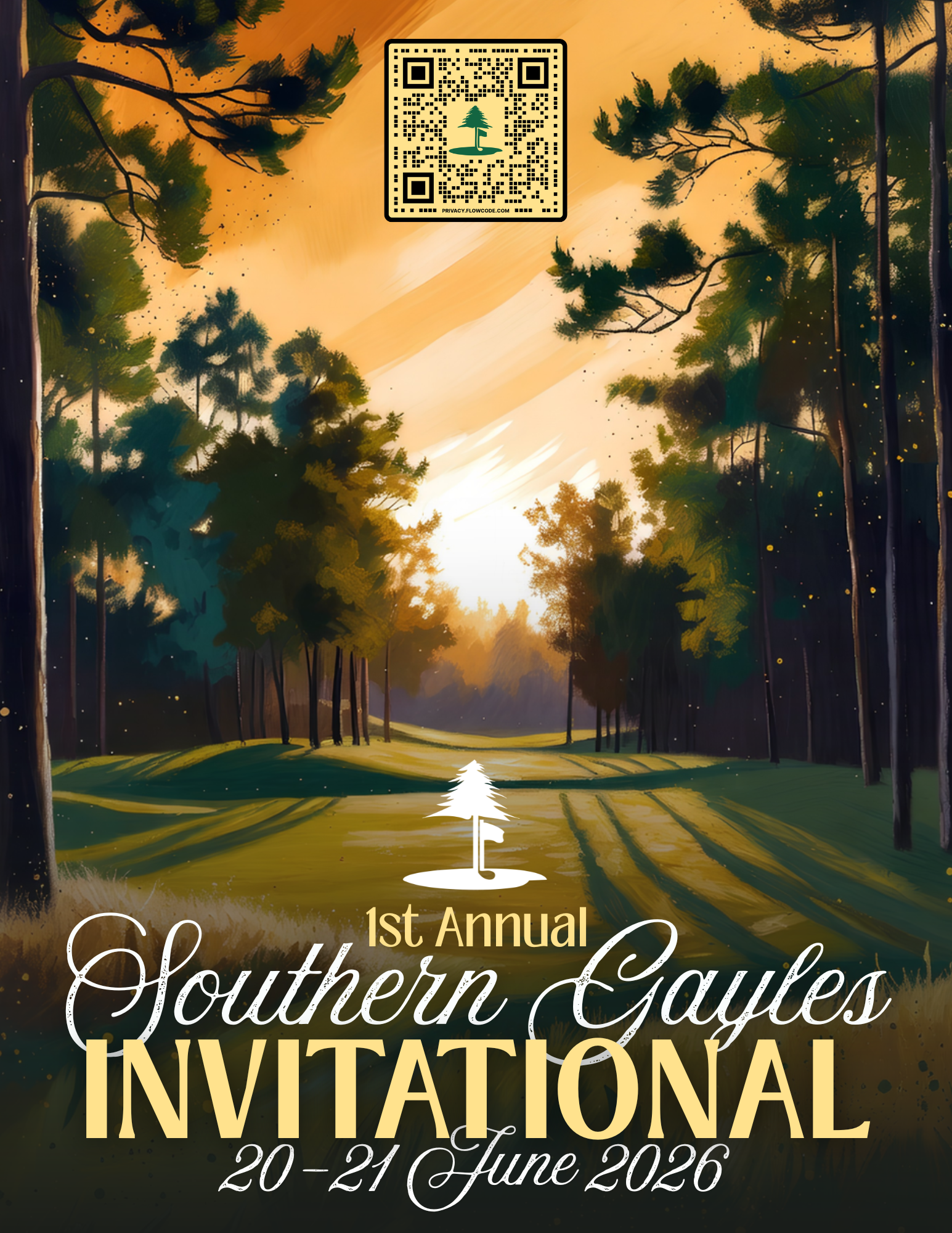 Southern Gayles Invitational golf event poster with sunset course and QR code