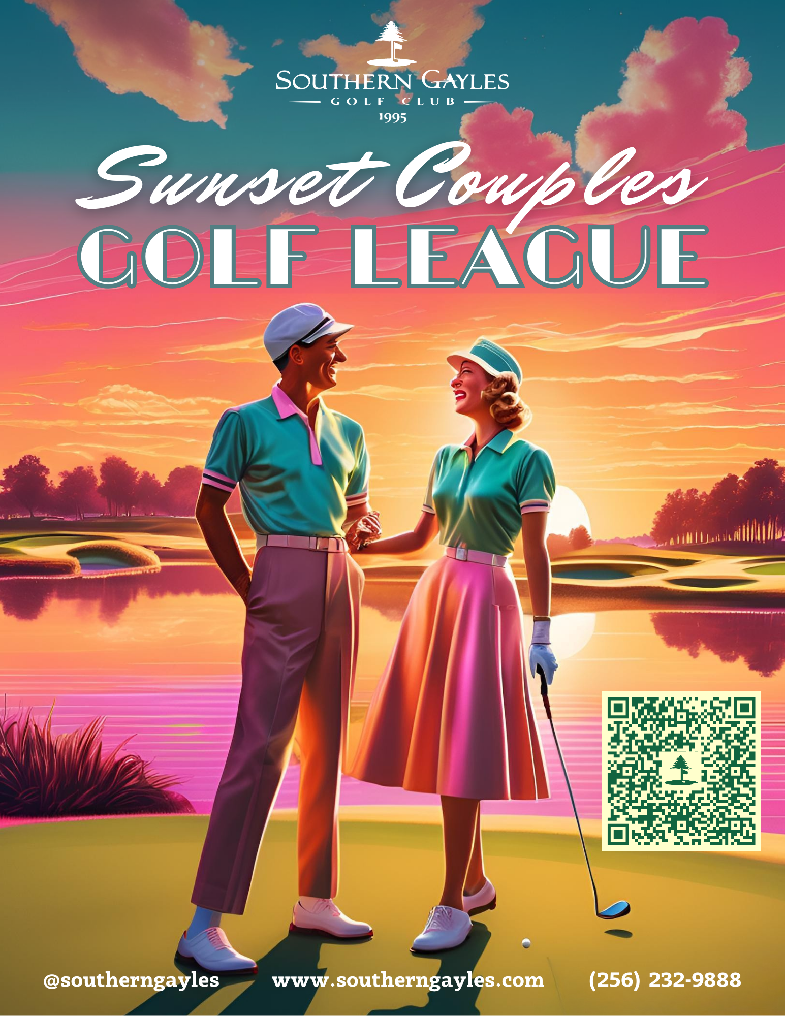 A man and a woman are standing next to each other on a golf course.