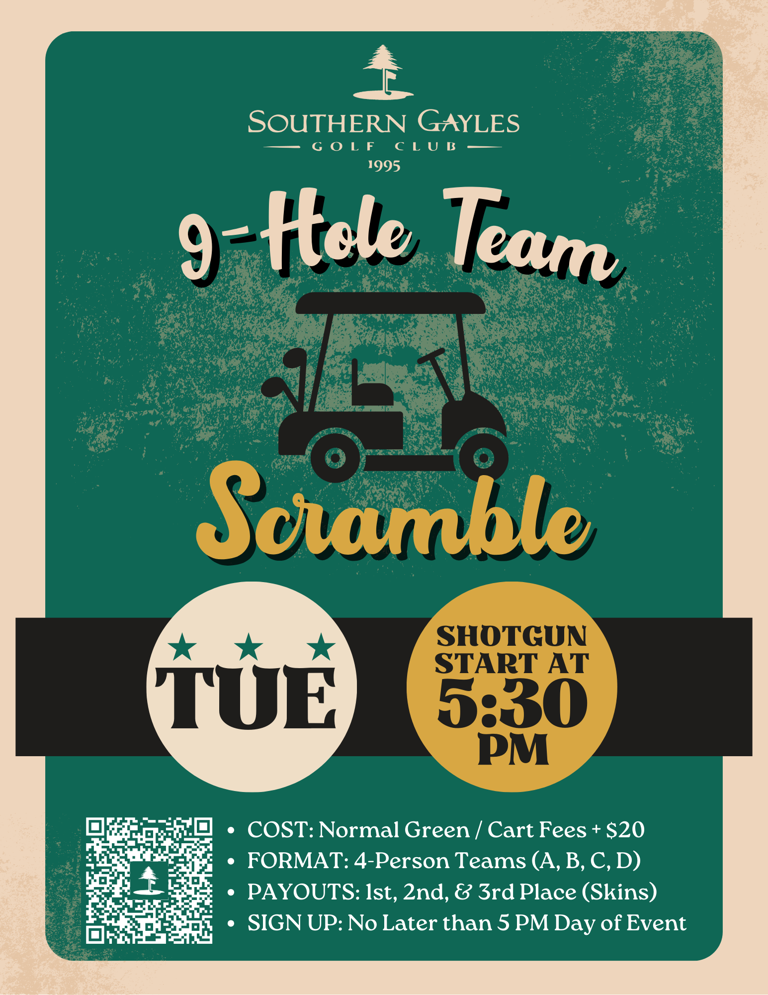 Poster for a 9-Hole Team Scramble at Southern Gayles Golf Club