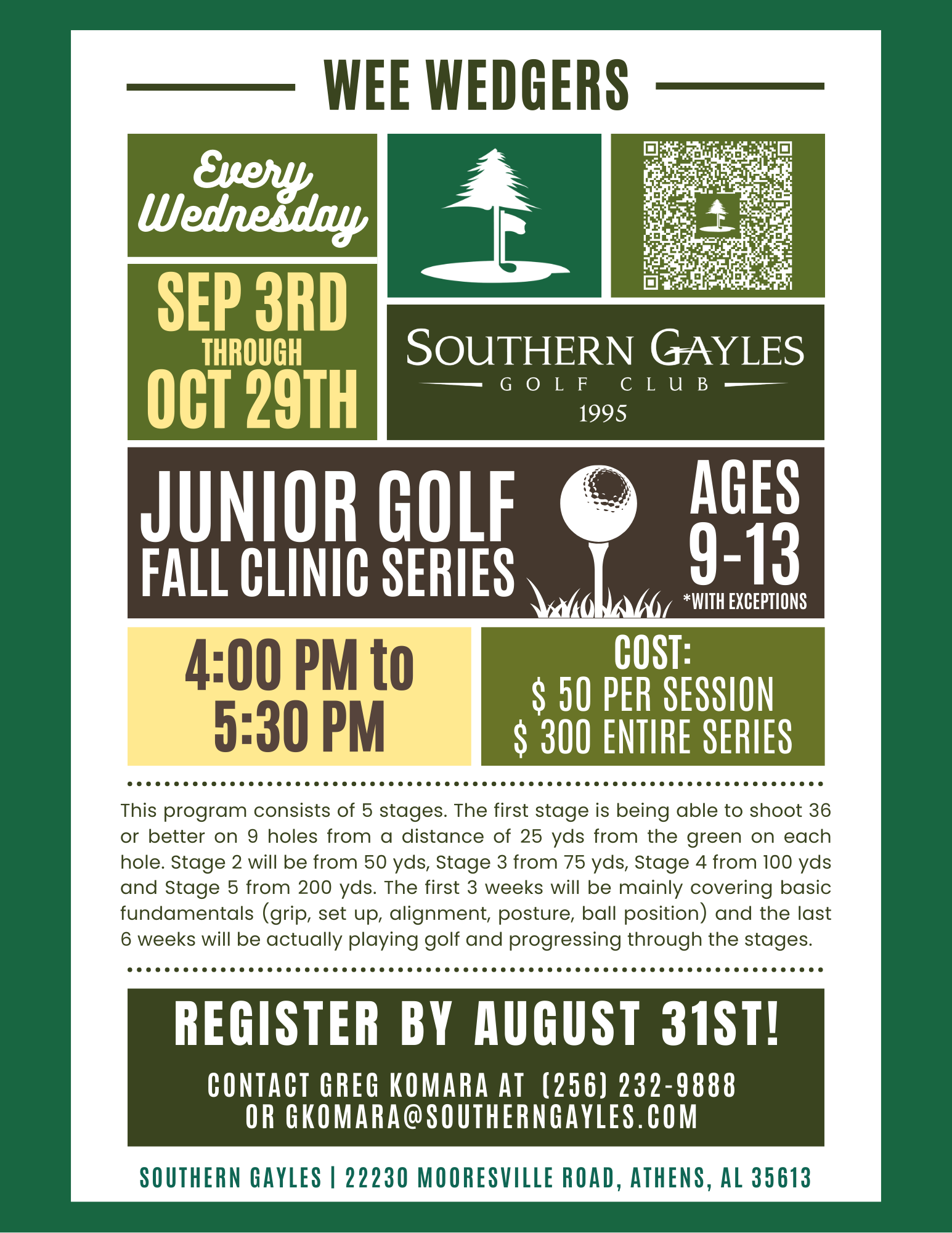 Flyer for a junior golf clinic at Southern Gayles Golf Club in Athens, AL. 