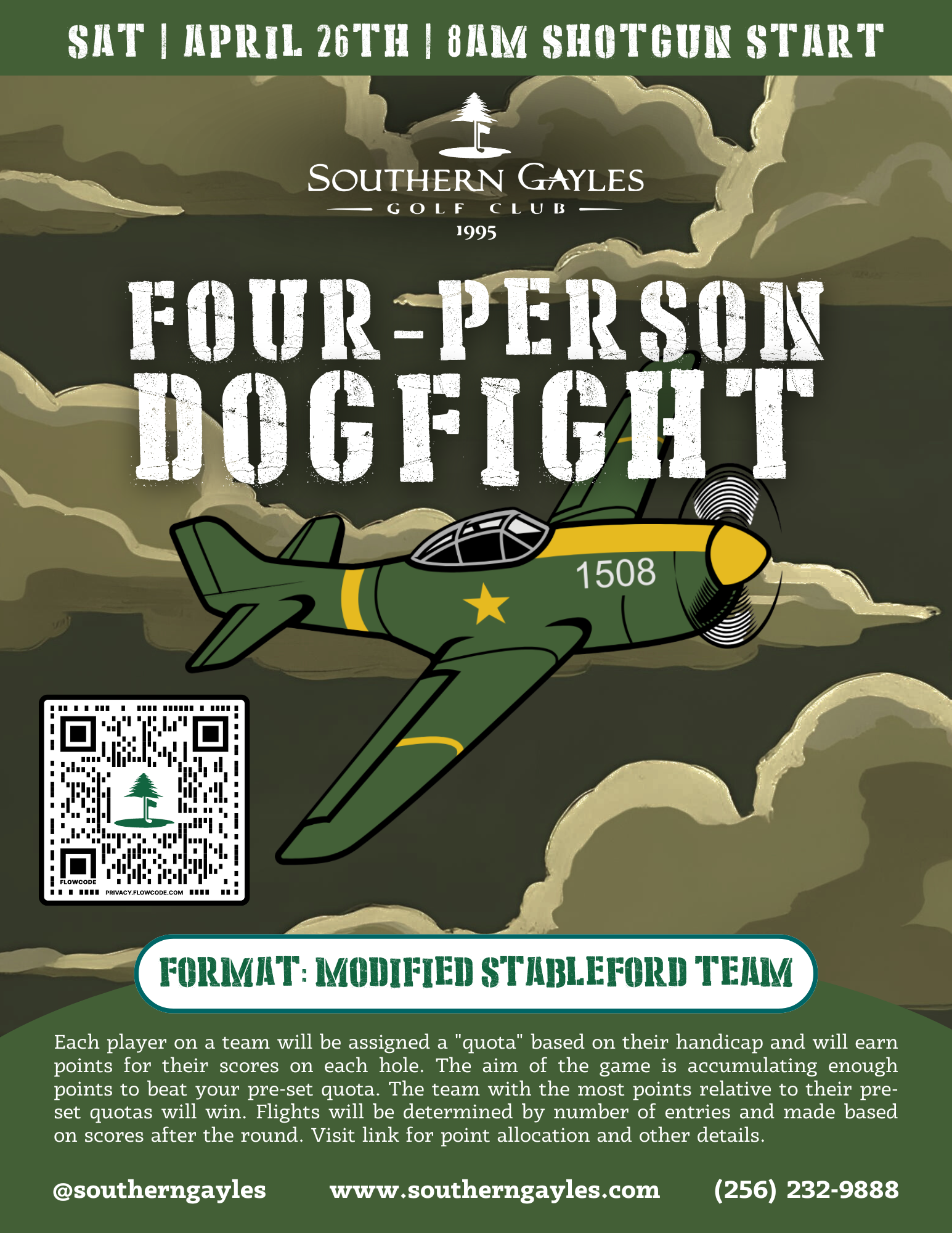 A poster for a four-person dogfight with a cartoon airplane flying through the clouds.