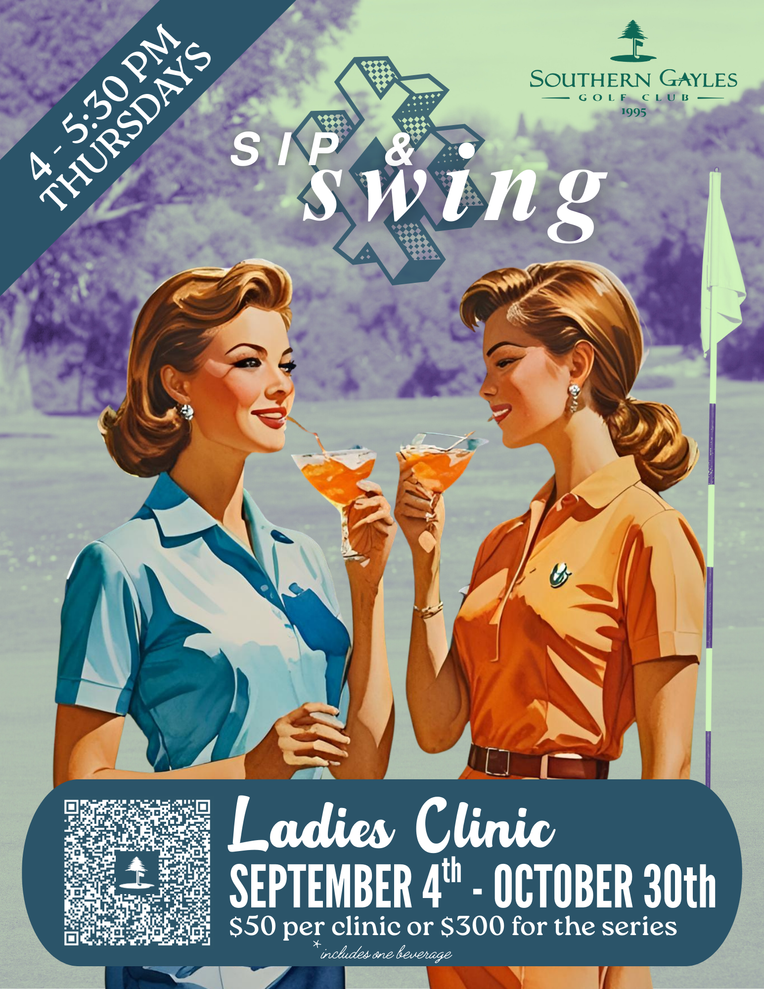 Two women in golf attire holding cocktails.