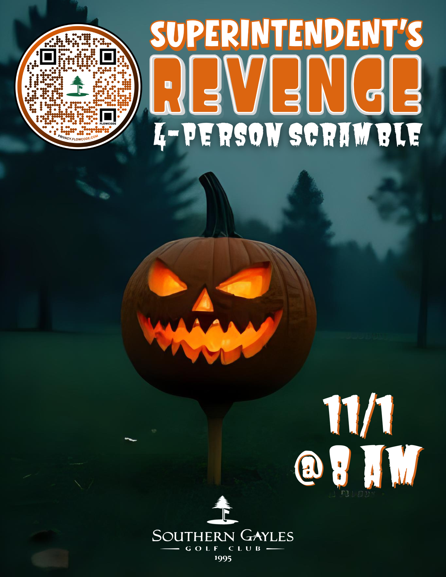 Golf tournament flyer with a jack-o-lantern on a tee. 