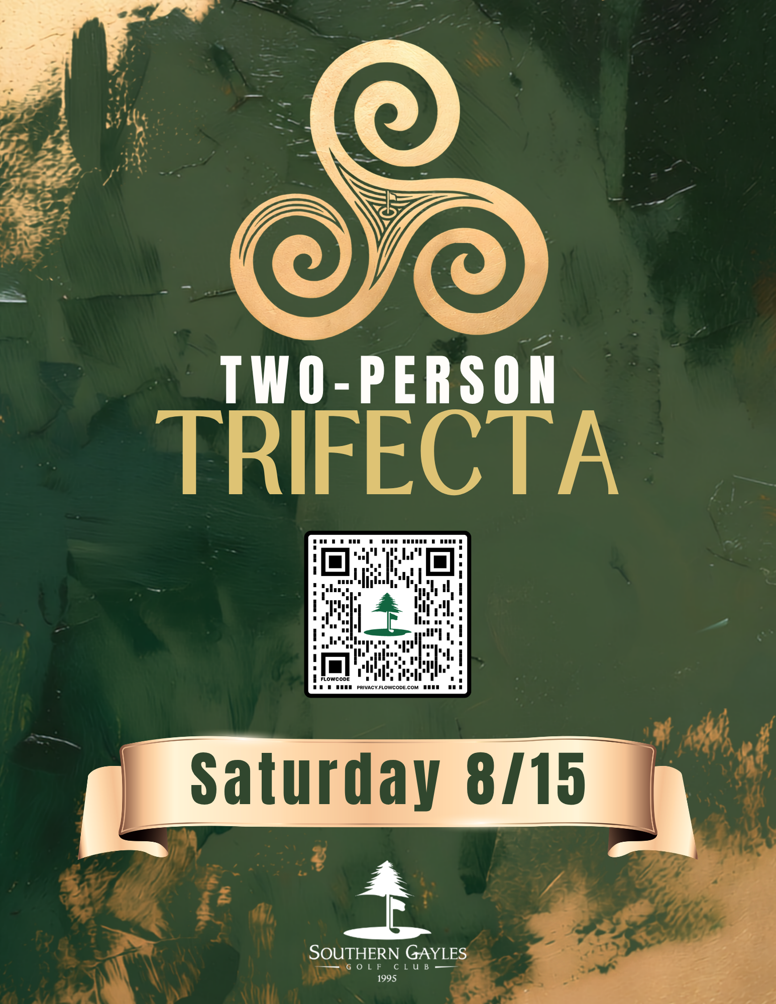 Two-person Trifecta event poster in green and beige with QR code and Saturday 8/15 date