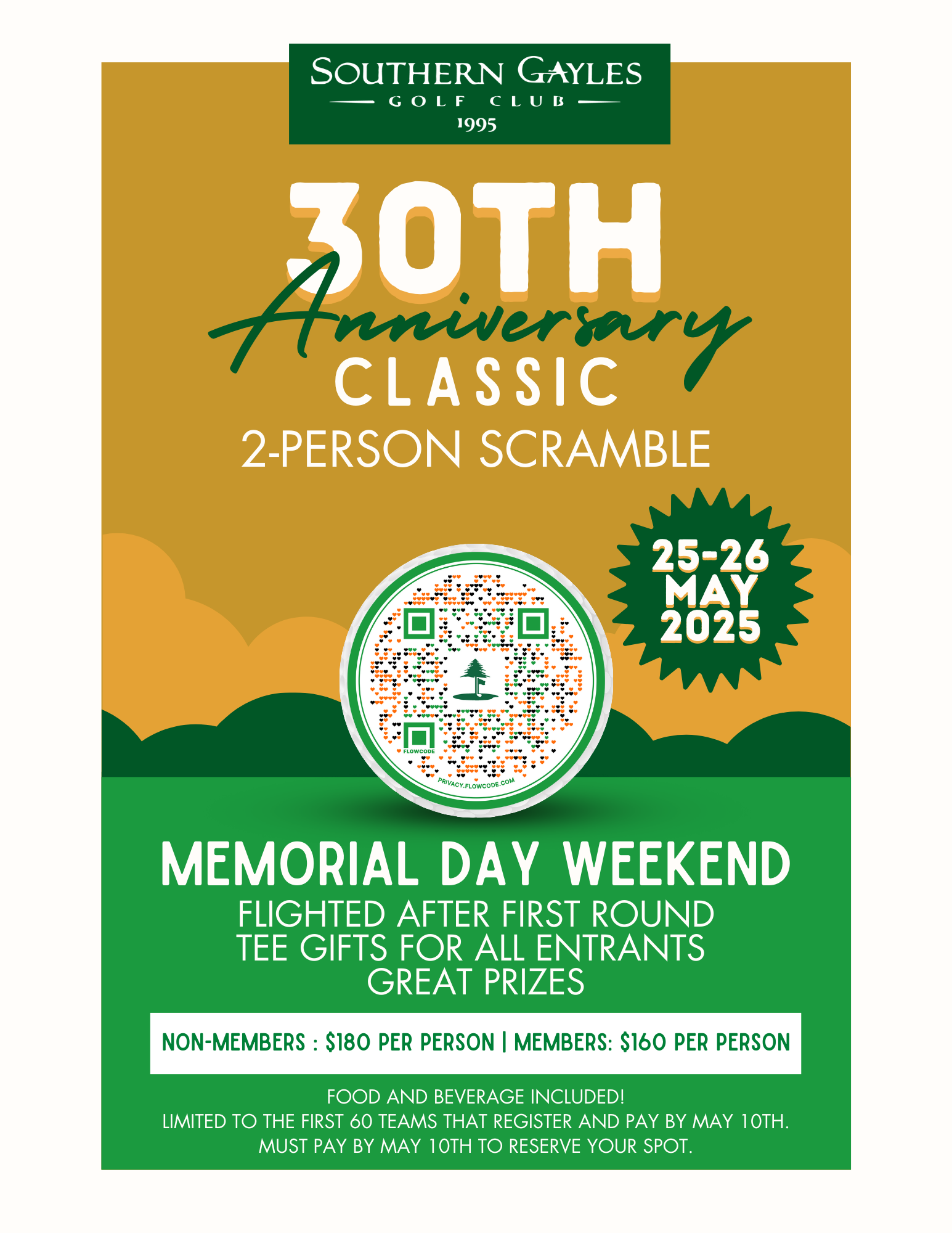 A poster for a 30th anniversary classic 2 person scramble memorial day weekend.