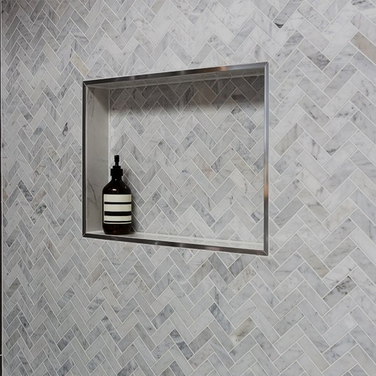 Shower Room With Shelf And Marble Tiles — North Texas — DGranite