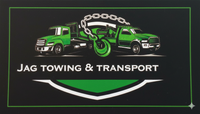 Logo for Jag Towing & Transport featuring two green tow trucks and a large hook with a chain on a black background.