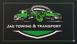 Logo for Jag Towing & Transport featuring two green tow trucks and a large hook with a chain on a black background.