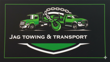 Logo for Jag Towing & Transport featuring two green tow trucks and a large hook with a chain on a black background.
