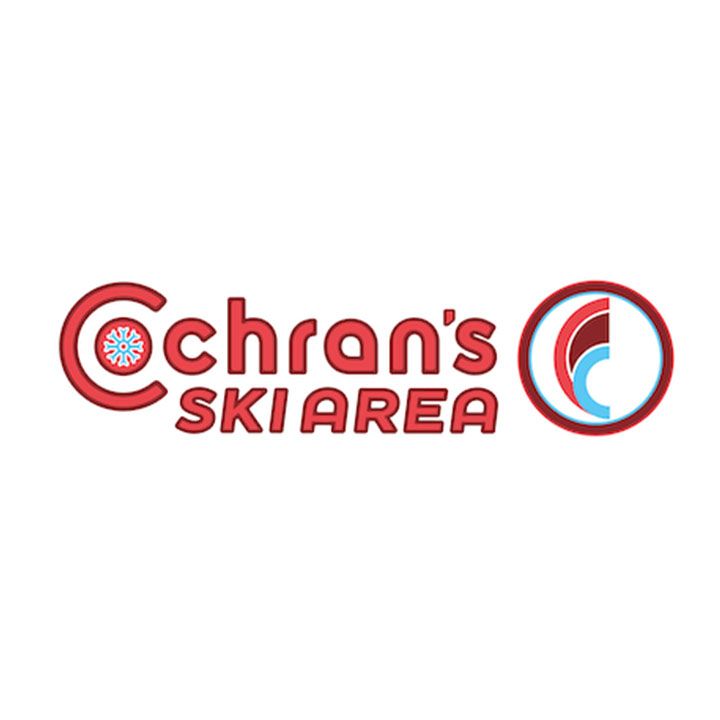 The logo for cochran 's ski area is red and blue.