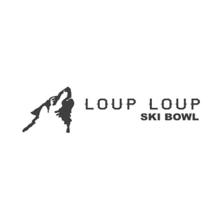 A logo for loup loup ski bowl with a mountain in the background.