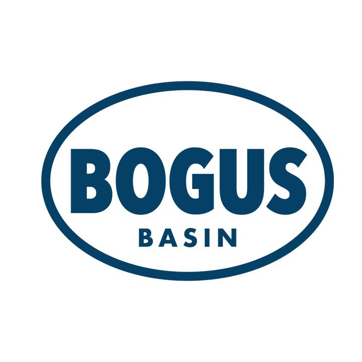 A blue logo for bogus basin on a white background