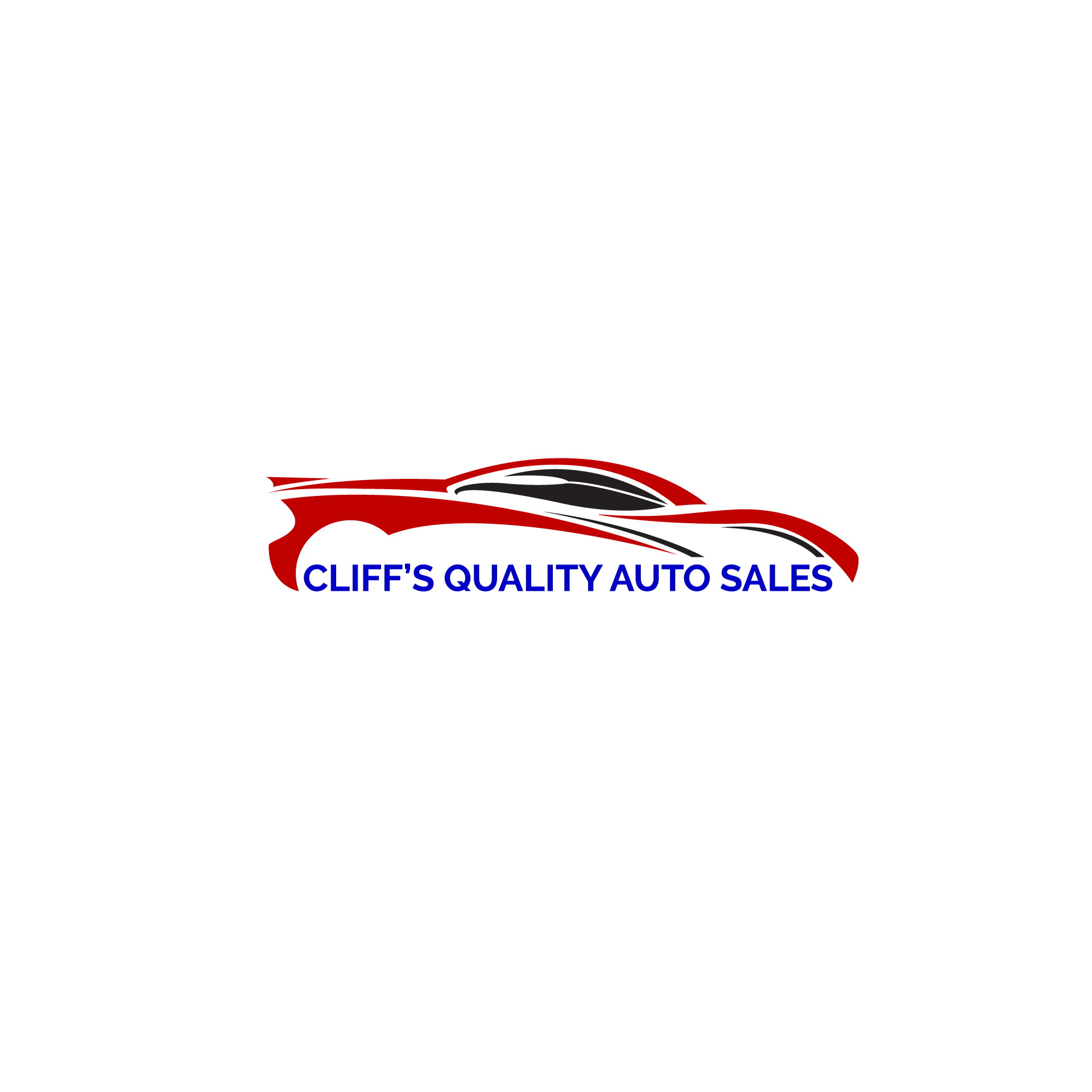 A red and blue logo for cliff 's quality auto sales.