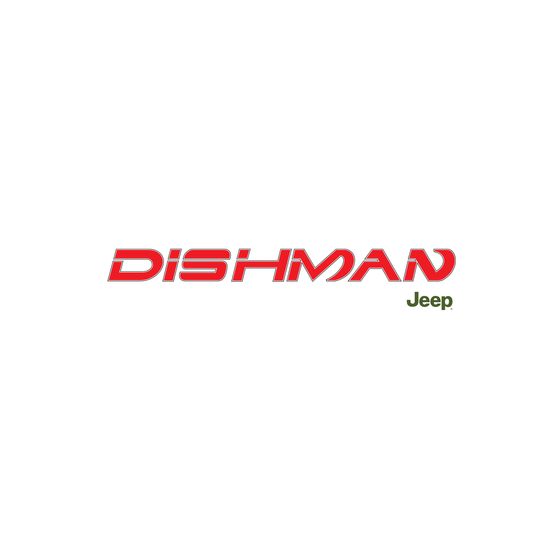 The logo for dishman jeep is red and green on a white background.