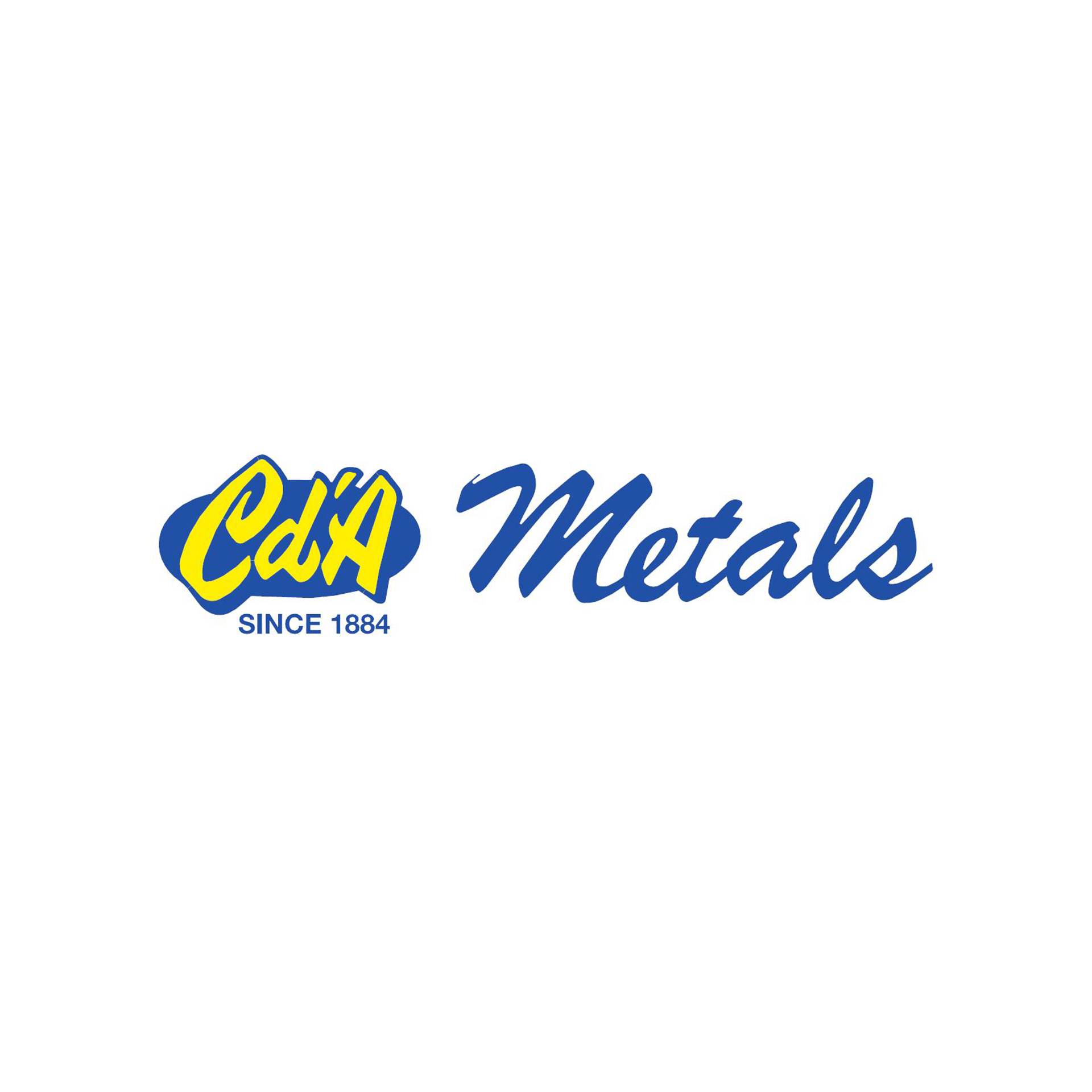 A blue and yellow logo for cda metals is on a white background.