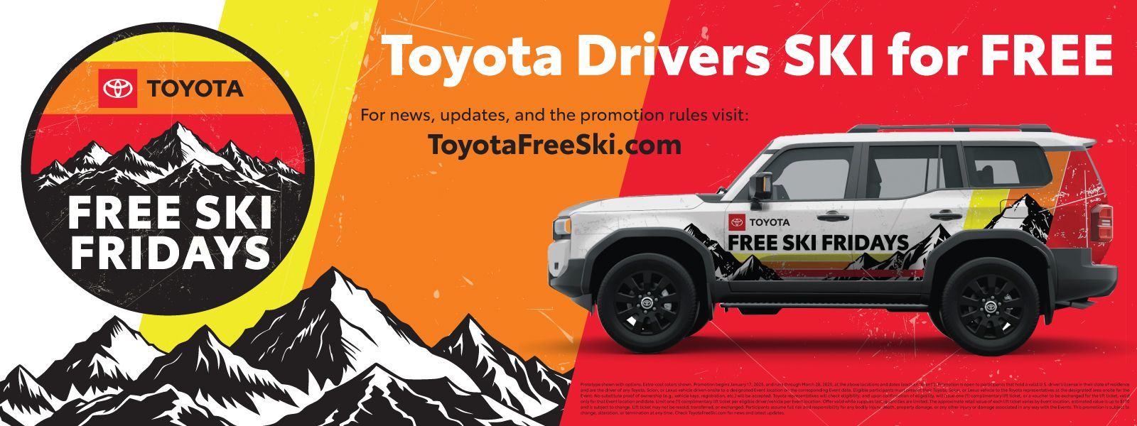 An advertisement for toyota drivers ski for free