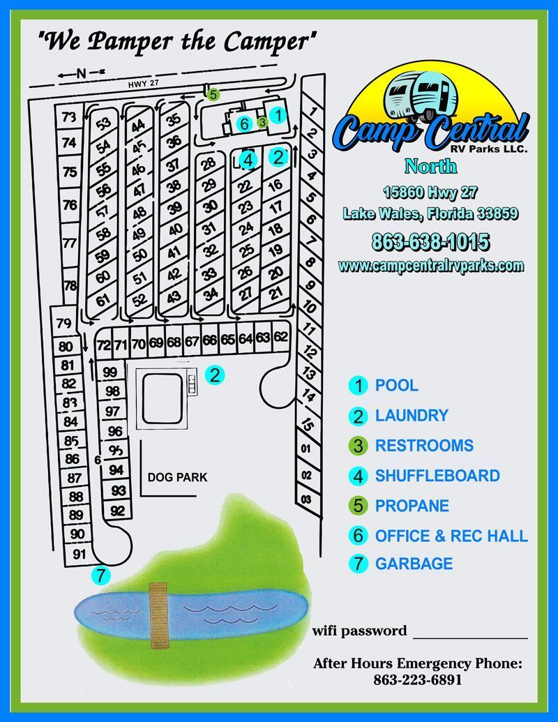 Camp Central North map with RV sites and amenities like pool, laundry, restrooms.