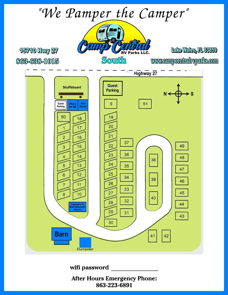Camp Central South campground map, green and blue, with campsites and road layout.