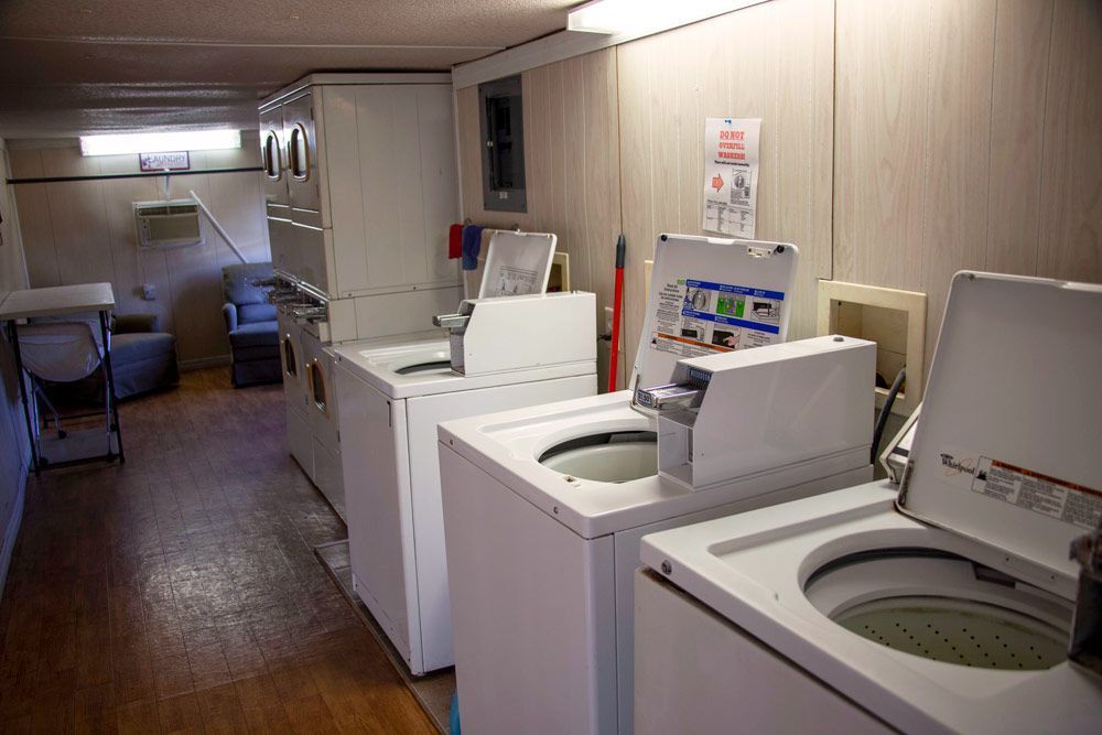 Laundry room with several white washing machines and dryers.
