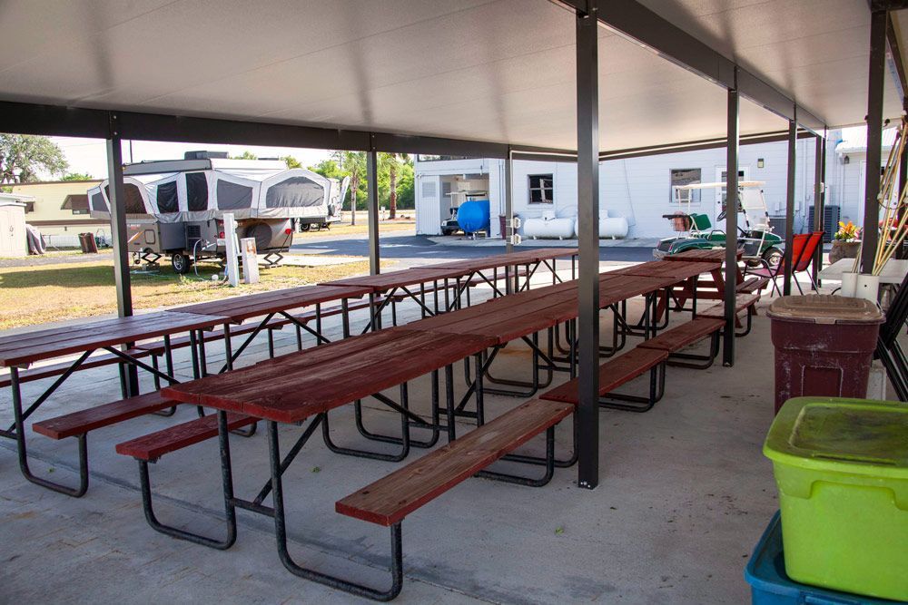 Picnic tables under a covered area at a campground. RVs are parked in the background.