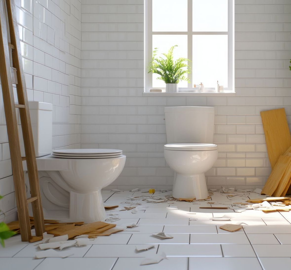 A bathroom with two toilets and a window