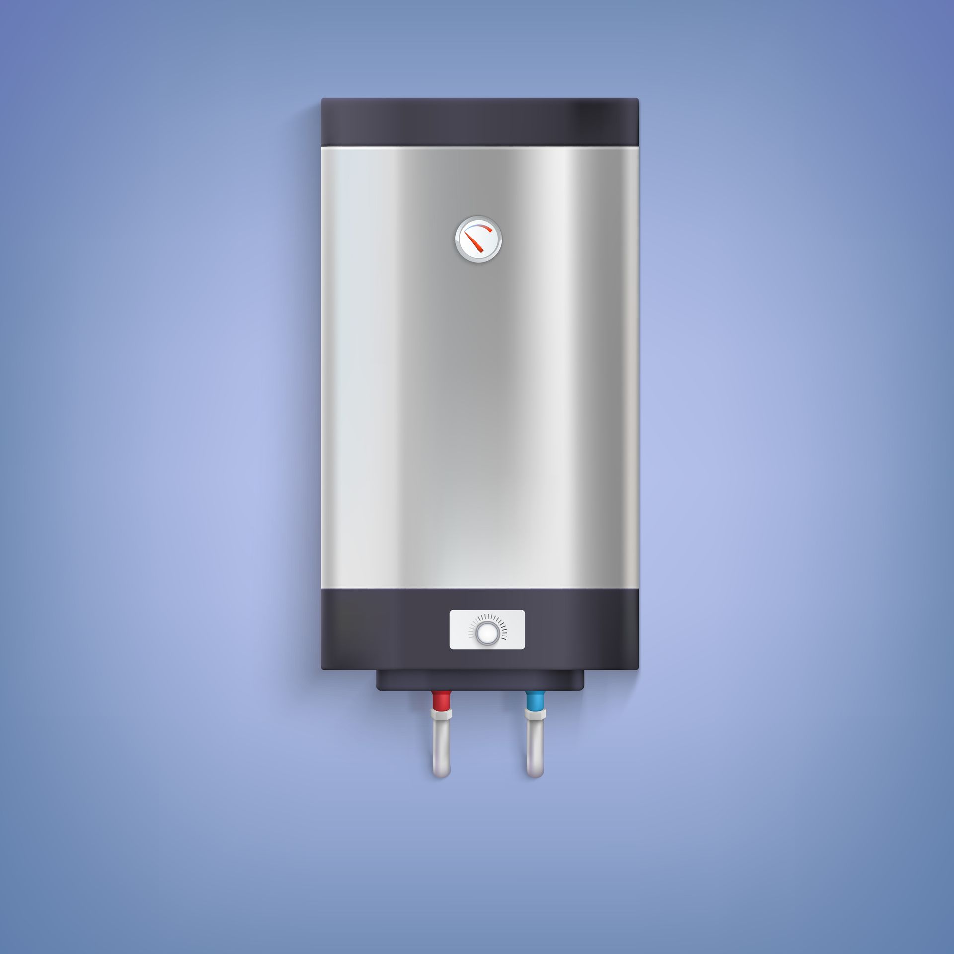 A stainless steel water heater is hanging on a blue wall.