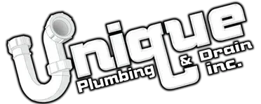 A black and white logo for unique plumbing and drain inc.