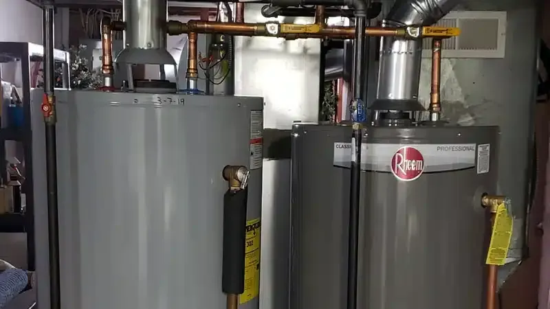 A couple of water heaters sitting next to each other in a room.