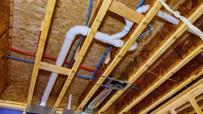 The ceiling of a house under construction with pipes coming out of it.
