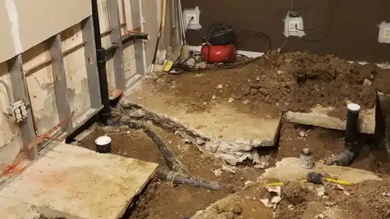 A room with a lot of dirt and a vacuum cleaner on the floor.
