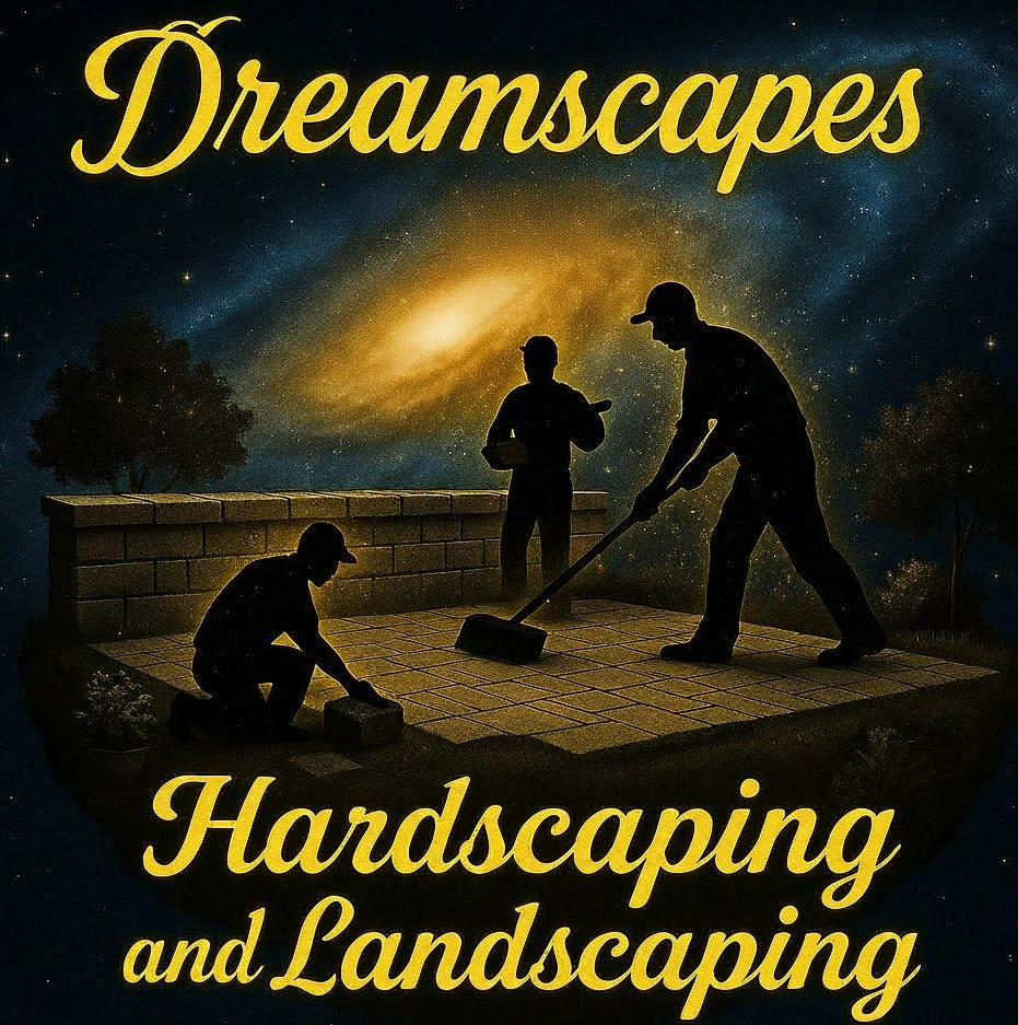 Dreamscapes logo. Silhouetted workers building a patio under a night sky with a galaxy. Text: Hardscaping and Landscaping.