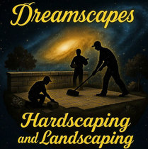 Dreamscapes logo. Silhouetted workers building a patio under a night sky with a galaxy. Text: Hardscaping and Landscaping.