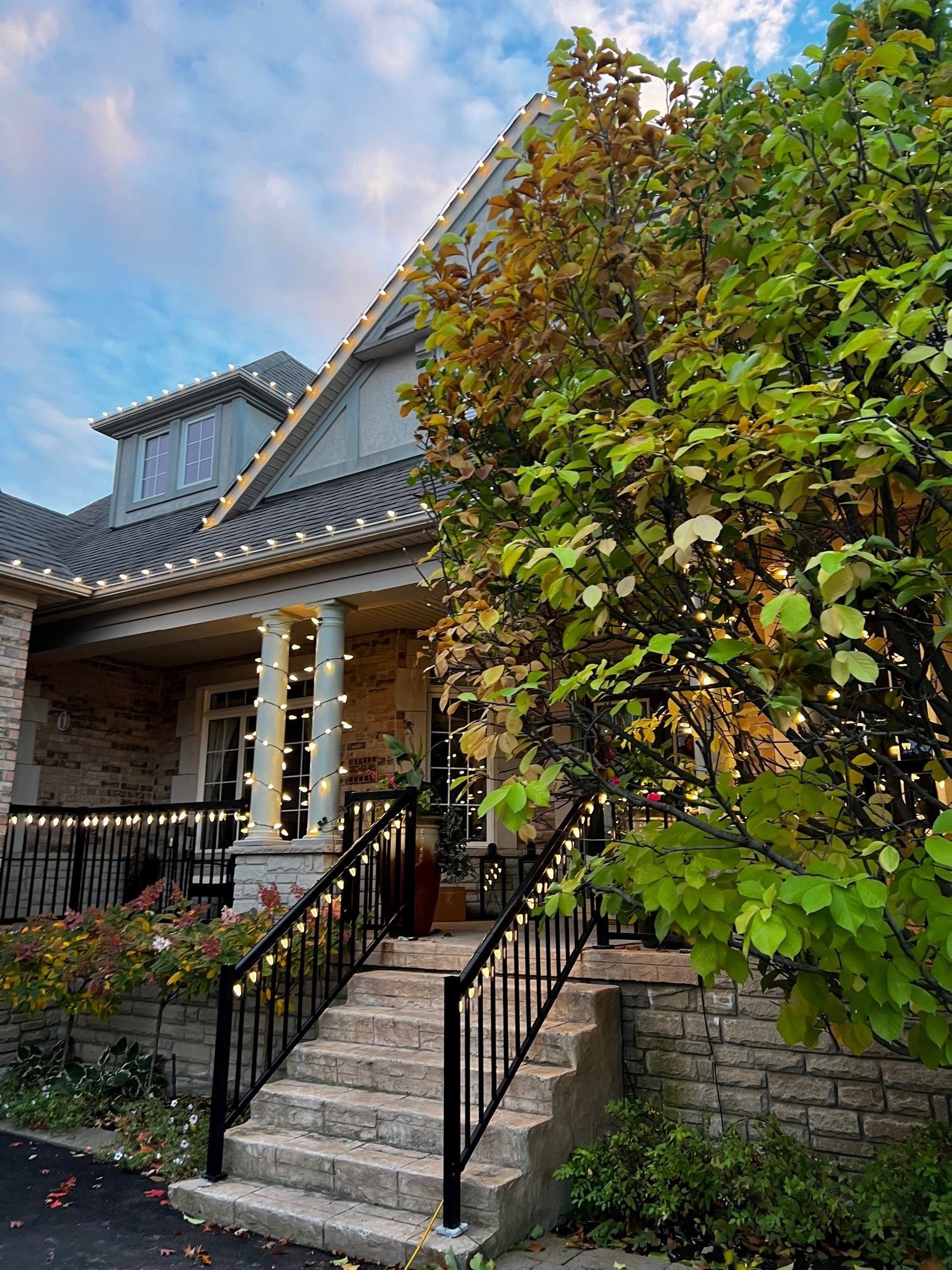 A house with stairs and a tree in front of it.