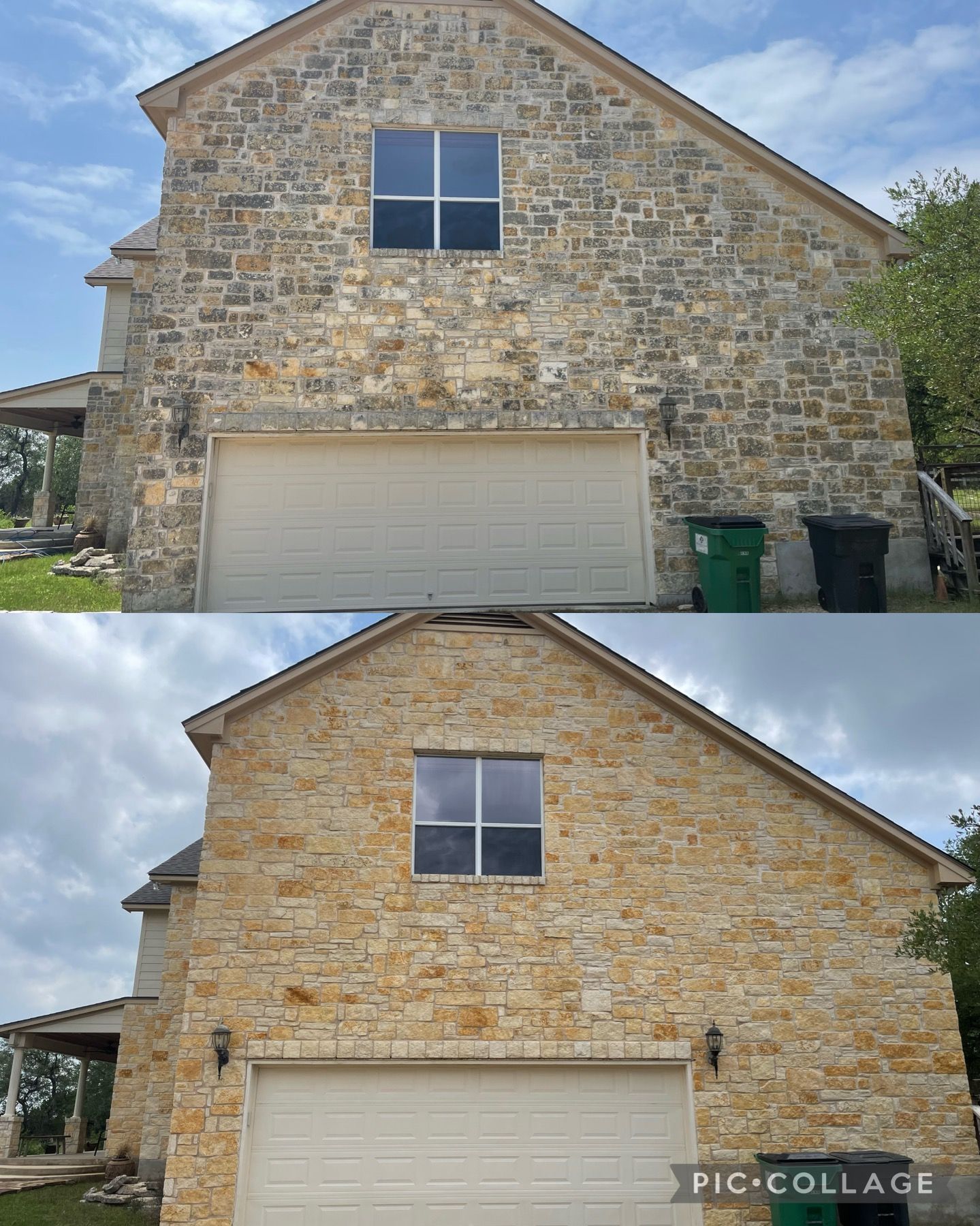 A before and after picture of a stone house with a garage door.