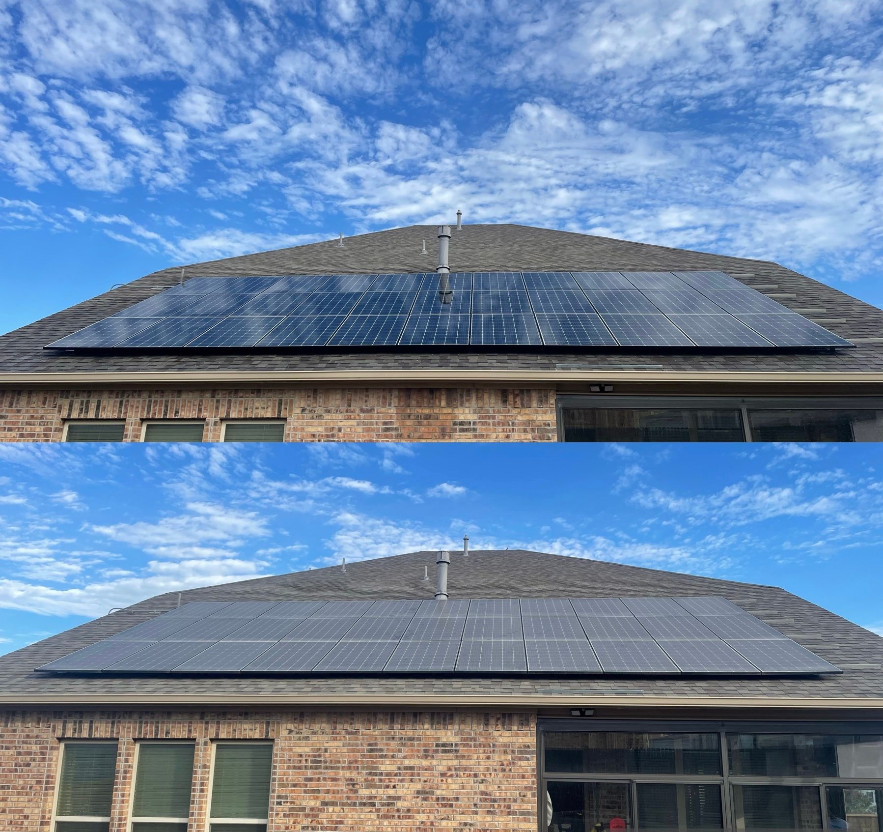 There are two pictures of a house with solar panels on the roof.