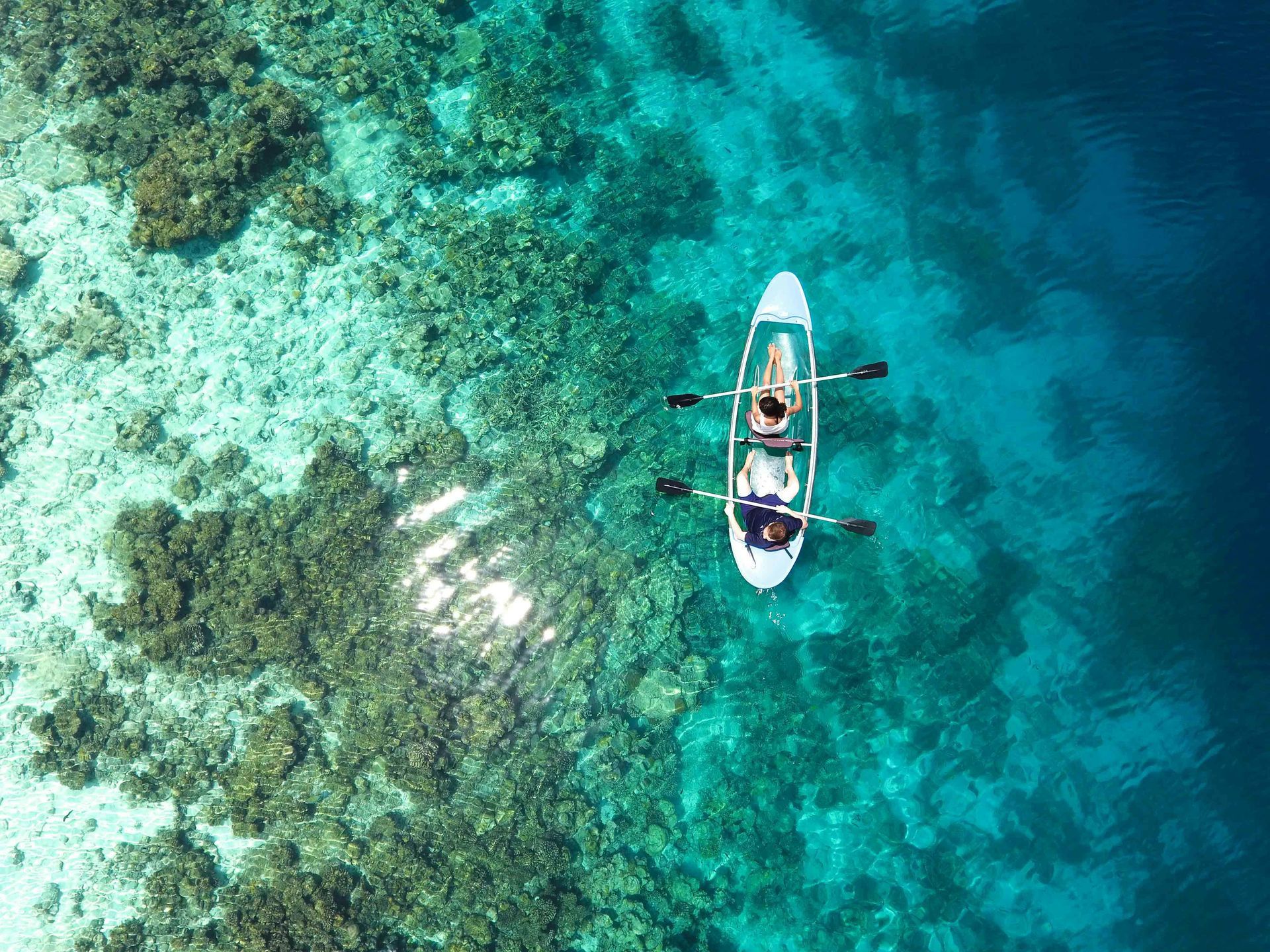 An aerial view of a person in a kayak in the ocean.