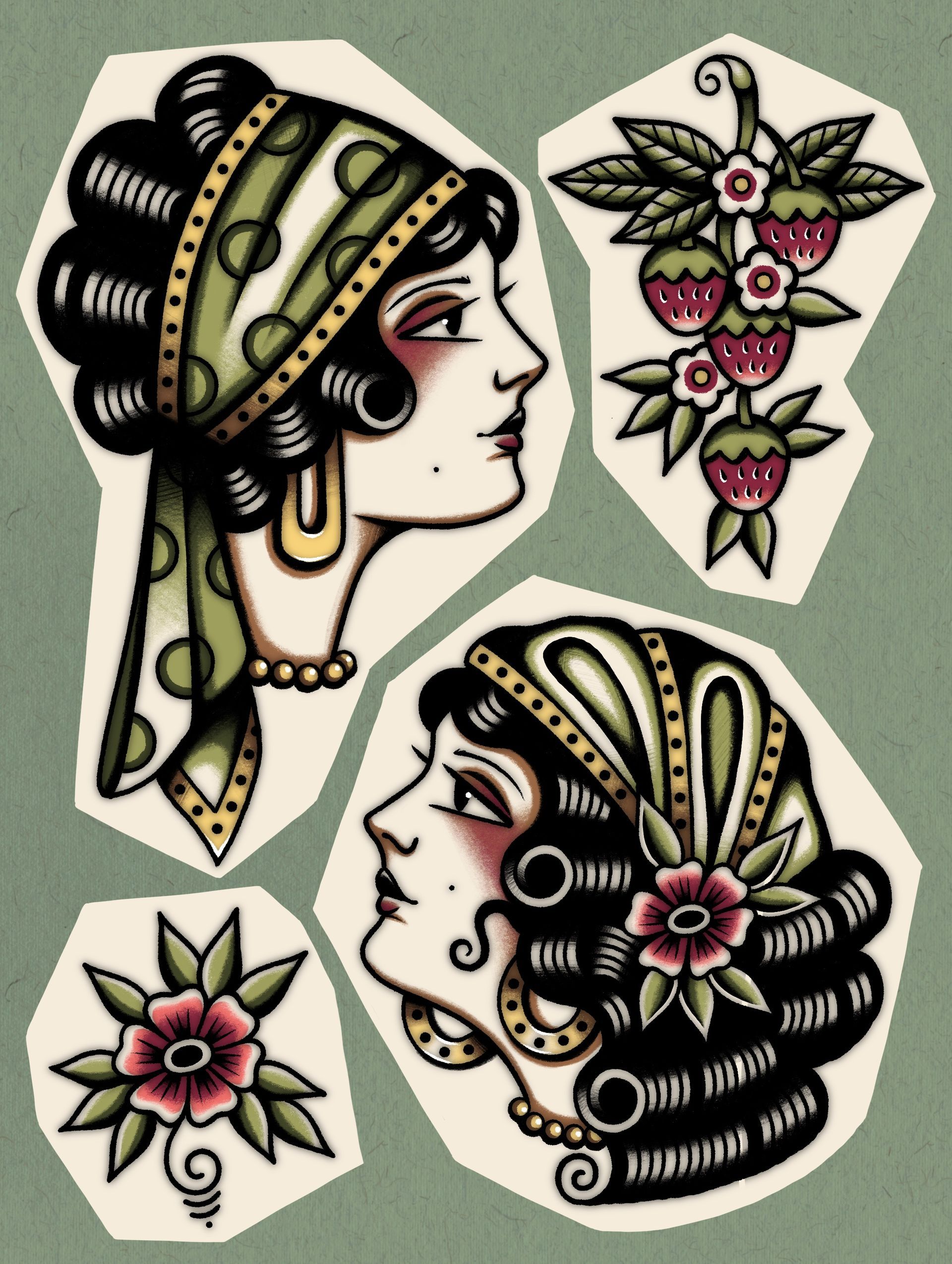 flash tattoos van Silke Sideways Tattoo Leeuwarden. Flashsheet flashwork tatoeage ontwerpen. Aardbei vrouwen traditional